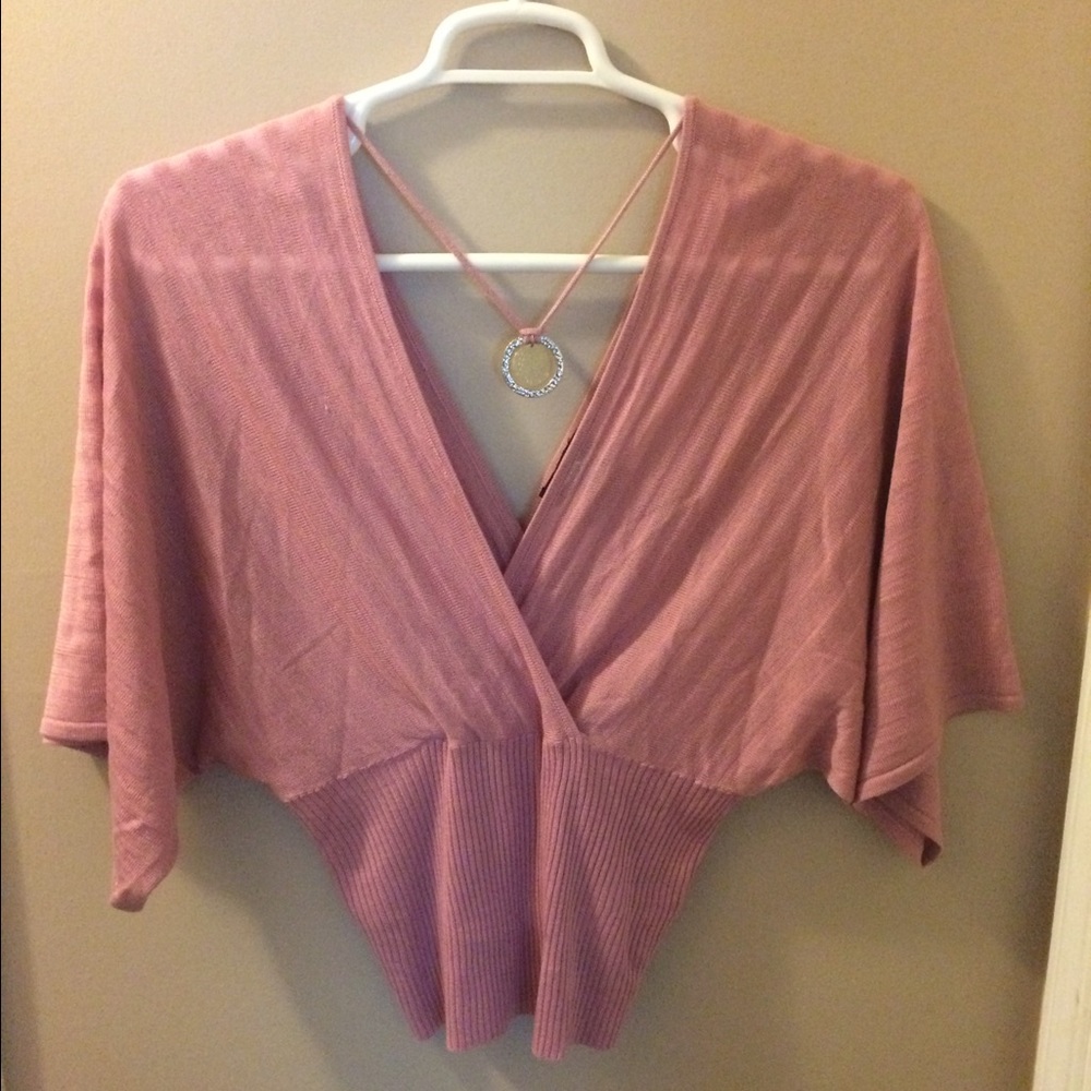Dusty Rose V-neck Batwing SemiSheer Necklace Top M
